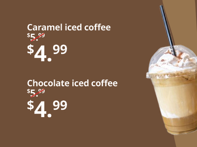 Menu listing caramel and chocolate iced coffee.