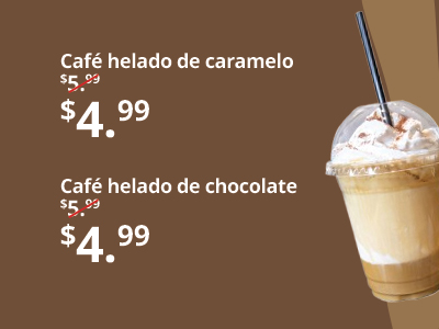 Menú de cafés helados de caramelo y chocolate.
