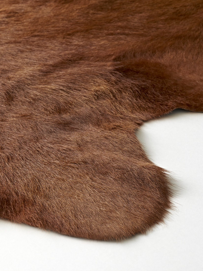 Close-up detail of the edge and texture of a reddish-brown fur rug against a white background.