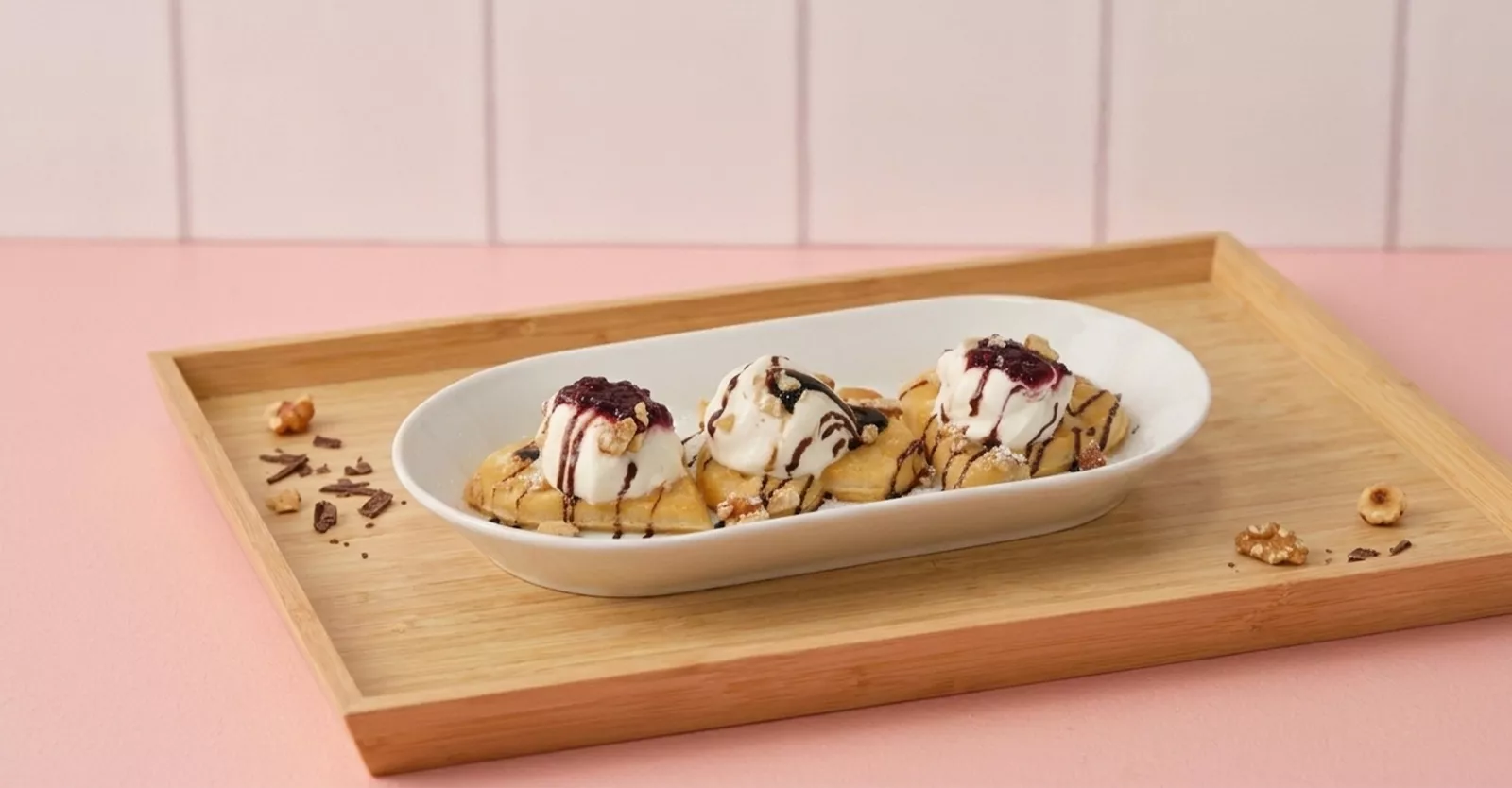 Waffle con helado de vainilla sobre mini pancakes con salsa de chocolate y frutos rojos.