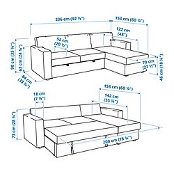 Measurement Illustration - BÅRSLÖV 3-seat sofa-bed with chaiselongue