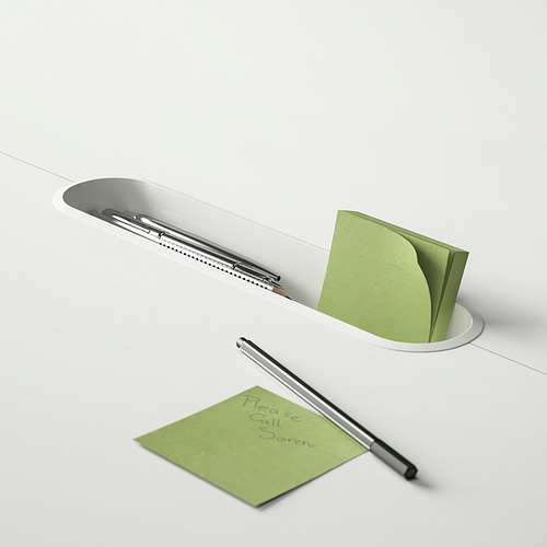 Imagínese una mesa redonda con una bandeja de administración de cables incorporada, sosteniendo un bolígrafo, notas adhesivas y un bloc de notas. Ideal para pequeñas reuniones y espacios de trabajo.