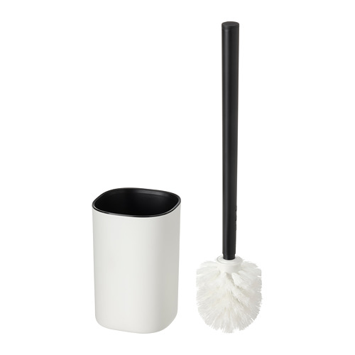 El juego de escobillas de inodoro STORAVAN es un elegante recipiente blanco y un mango negro con cerdas blancas, promoviendo un diseño de baño moderno y limpio.