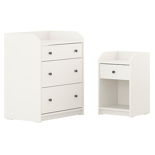 Two white HAUGA furniture set, including a bedside table and a 3-drawer chest, with modern design and functional storage.