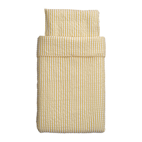Juego de ropa de cama LEN. Rayas amarillas y blancas, forma rectangular. Hecho de 50% viscosa/rayón y 50% algodón.