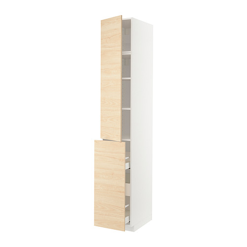 METOD kitchen cabinet in light ash wood. Tall, two-door design with adjustable shelves and soft-close drawers.