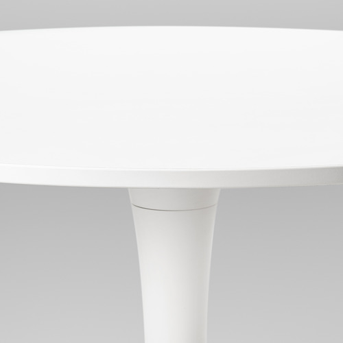 Mesa de comedor redonda blanca moderna, diseño elegante, bordes lisos, construcción robusta.