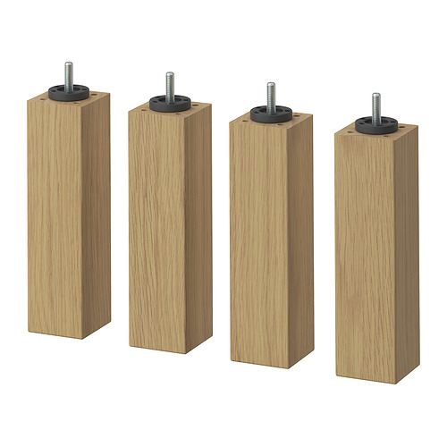 Four light wooden LYNGÖR bed legs with metal bolts and black washers.
