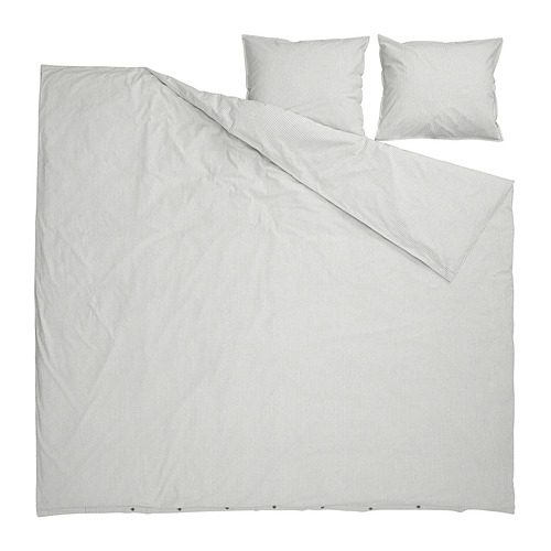 Ikeas SOLFIBBLA duvet cover set, black & white stripes, cotton, rectangular, with 2 pillowcases.