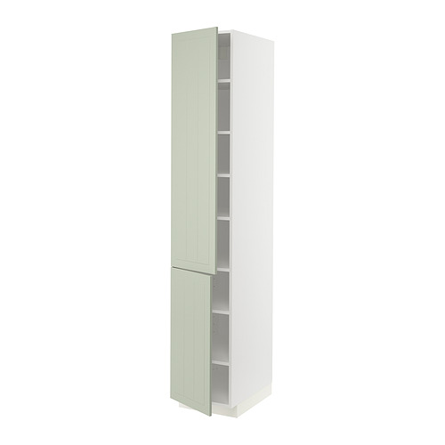 Un mueble de cocina alto de color blanco verdoso del sistema METOD con estantes ajustables y montaje en la puerta izquierda o derecha.