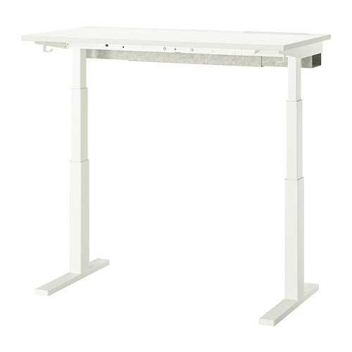 Escritorio blanco ajustable MITTZON, diseño moderno y elegante, bordes elevados, patas de metal blanco, ajuste manual de altura, tablero de color claro.