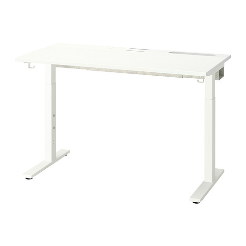 Escritorio blanco regulable en altura MITTZON con patas metálicas y travesaño, diseño minimalista y elegante, listo para un fácil montaje.