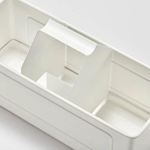 Organizador de cocina multicompartimento blanco con asa, ideal para esponjas y jabón.