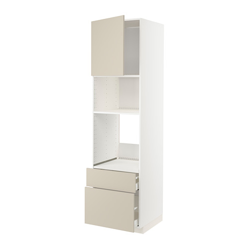 Mueble de cocina blanco con cajones y puertas beige, diseño moderno, superficies lisas.