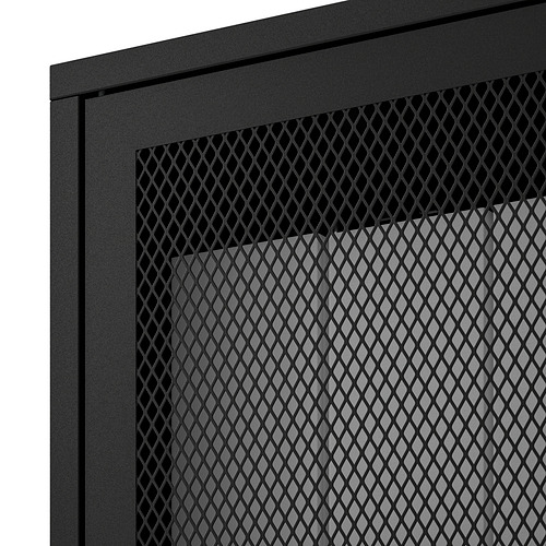 Primer plano del gabinete de malla negra, que muestra un marco de acero robusto y un diseño de malla intrincado.