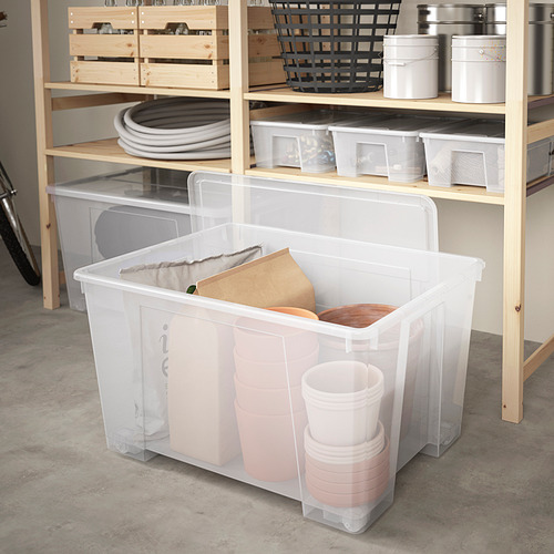 Contenedor de almacenamiento de plástico grande transparente, marca SAMLA, contiene varios artículos, se coloca en el piso o en un estante, contenido fácil de ver, 20x15x12 pulgadas.