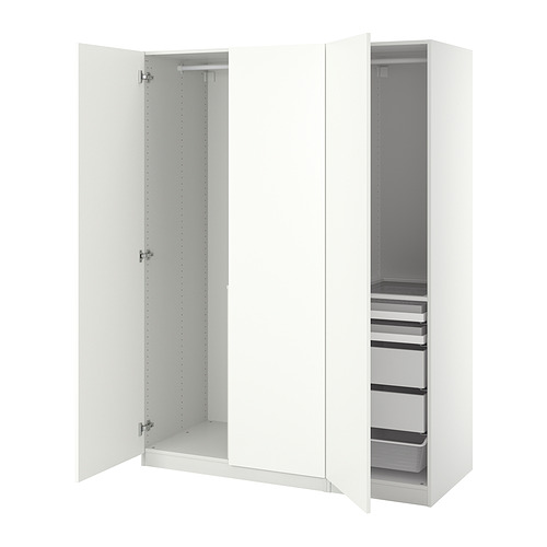 An open white PAX wardrobe with shelving and drawers, offering organized storage.