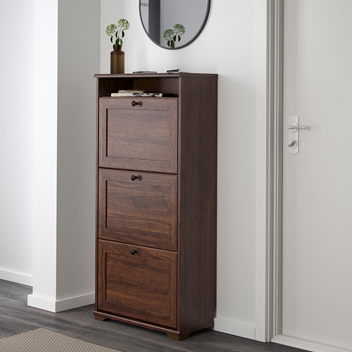 Zapatero BRUSALI de 3 compartimentos - madera oscura, capacidad para 15 pares
