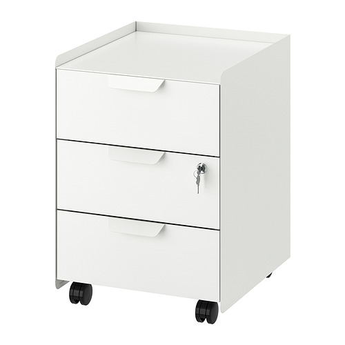 Un archivador móvil TROTTEN blanco con tres cajones y ruedas, con un diseño elegante y moderno.