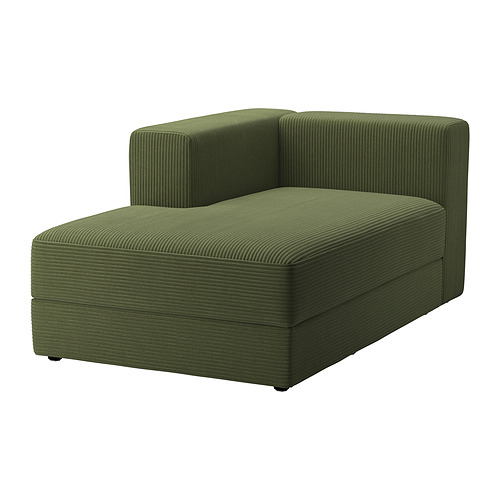 Green JÄTTEBO modular sectional sofa with ribbed texture and chaise longue.