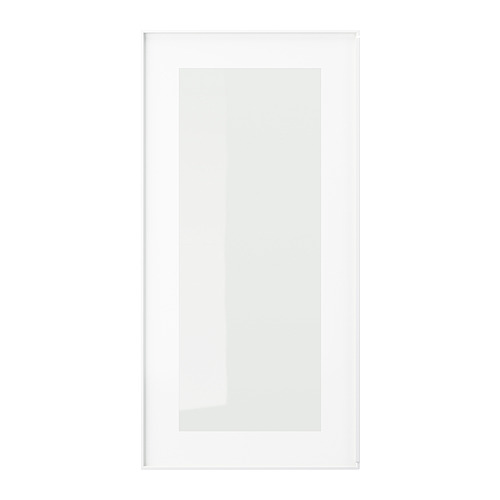Una puerta de cristal HEJSTA de ikea en color blanco con un elegante marco metálico y tirador integrado, diseñada para armarios o estanterías.