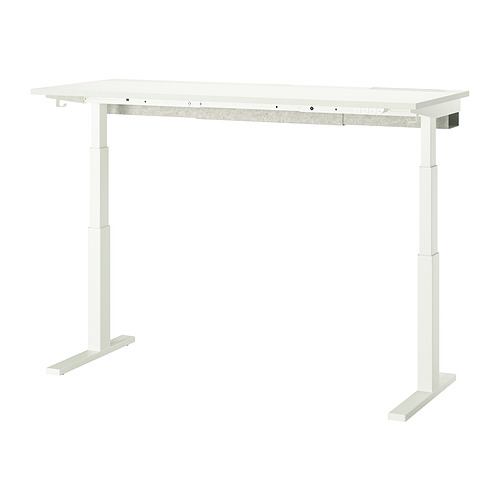 Representa un escritorio ajustable MITTZON blanco. Su parte superior rectangular está sostenida por patas metálicas de diseño minimalista.