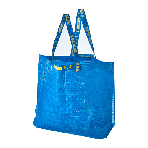 Blue plastic FRAKTA bag with yellow handles and text, rectangular shape, flat foldable design.