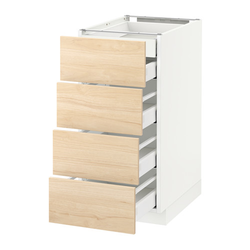 A white ikea METOD kitchen unit with light ash-colored drawers. The unit four pull-out drawers with a sleek, modern design, ideal for kitchen storage.