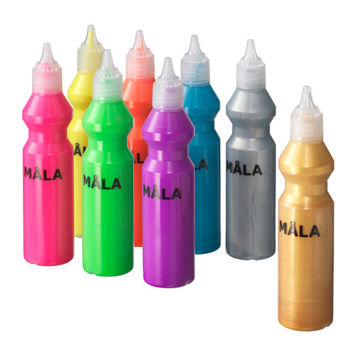 Ocho pinturas MÅLA en colores neón, etiquetadas, con puntas exprimibles.
