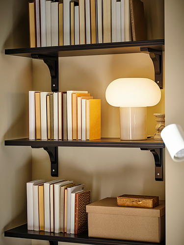 Estantería negra con libros, lámpara y decoración.