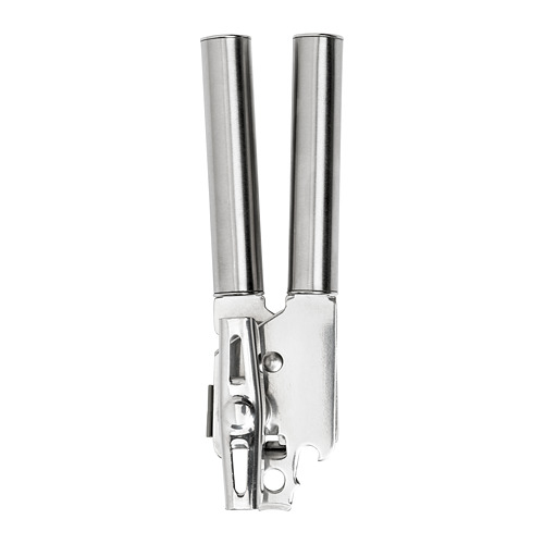 Abrelatas de acero inoxidable KONCIS. Herramienta robusta de plata para una apertura eficiente de latas y botellas. Diseño elegante y ergonómico para un uso cómodo.