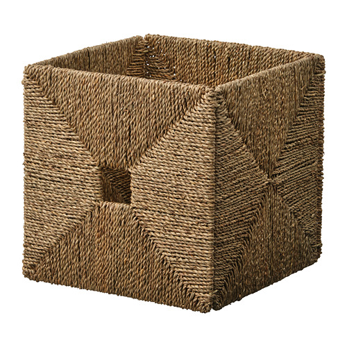 Cesta KNIPSA: hierba marina natural, forma cuadrada, diseño tejido a mano, perfecta para estanterías kallax.