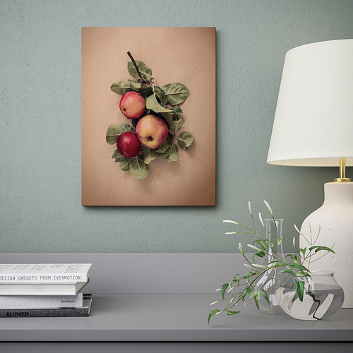 Un lienzo con manzanas cuelga sobre una estantería con libros, una lámpara y un jarrón con vegetación. El marco profundo crea un efecto 3D.