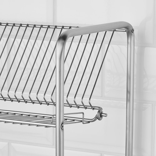 Escurridor de platos de acero inoxidable con múltiples niveles para un secado eficiente. Incluye ganchos para espacio extra para colgar.