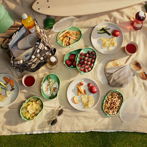 Configuración de picnic con sándwiches, frutas, nueces y bebidas en una manta. Incluye loncheras verdes apilables y una bolsa hielera estampada.