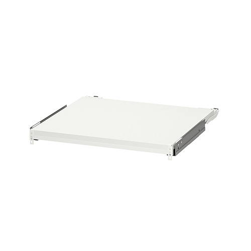 Un estante extraíble UTRUSTA en color blanco con superficie laminada. Es rectangular con guías metálicas para soporte y soportes de instalación en ambos extremos.