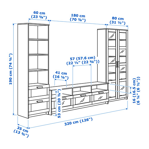 Measurement Illustration - BRIMNES TV storage combination with glass doors