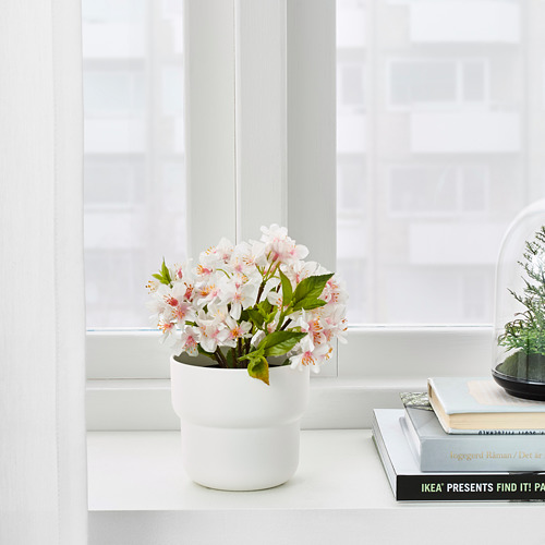 La maceta blanca con flores rosas se encuentra en el alféizar de una ventana, mostrando su versatilidad en interiores y exteriores.
