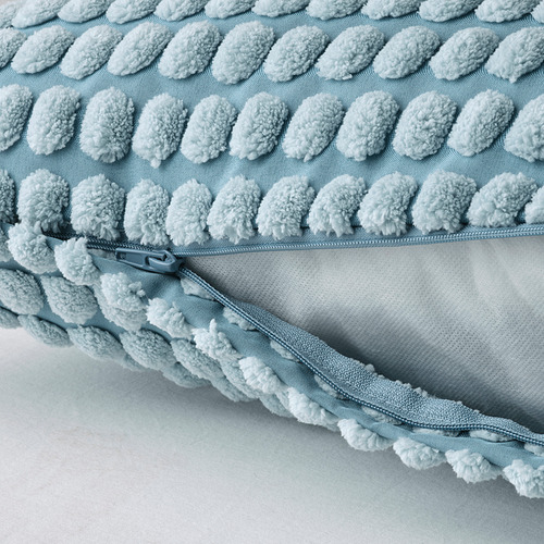 Light blue soft cushion cover with a fluffy, textured pattern. A zipper for easy washing. Made from recycled polyester.