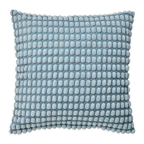 A soft, pale blue square cushion with a textured, patterned cover made from recycled polyester.