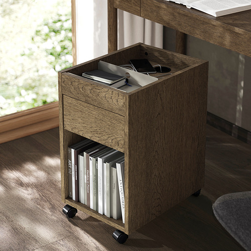 Mueble móvil de madera con cajón y estante, para guardar libros y artículos de oficina. Ideal para espacios reducidos.