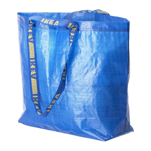 Ikeas blue FRAKTA bag with yellow straps, rectangular, durable, reusable shopping bag.