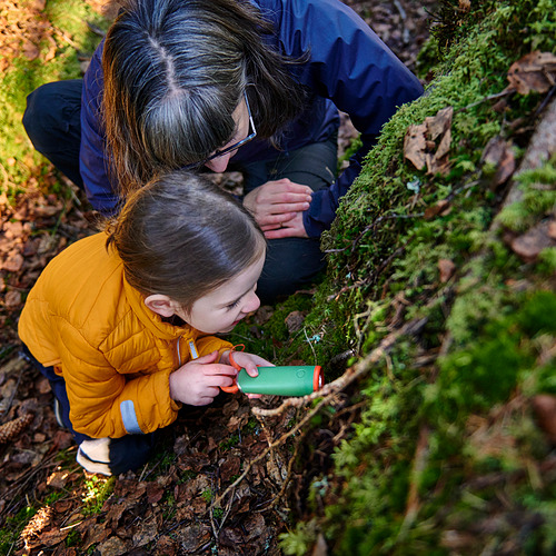 Un niño usa una linterna LED de manivela en el bosque. Un adulto observa, enfatizando el aprendizaje y la exploración.