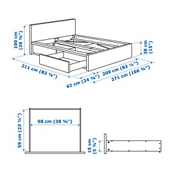 Measurement Illustration - MALM King high bed frame with 2 storage boxes