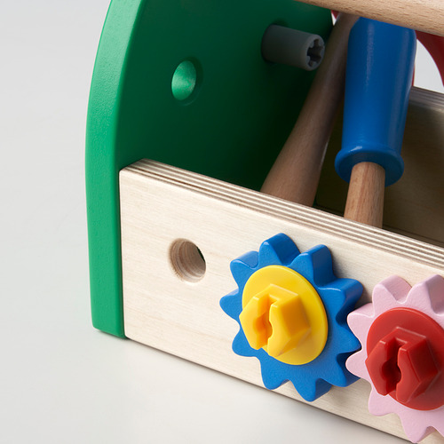 Caja de herramientas de juguete de madera con engranajes y herramientas de colores; Excelente calidad para el juego de los niños.