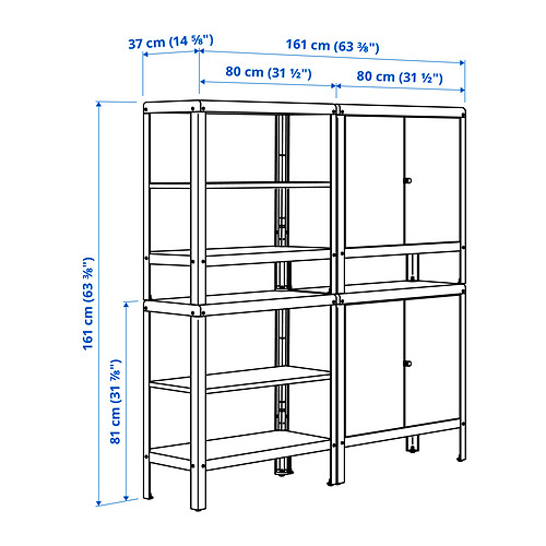 Measurement Illustration - KOLBJÖRN shelving unit with 2 cabinets, indoor/outdoor