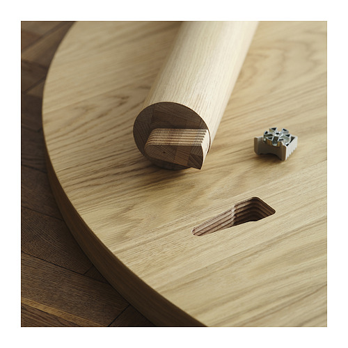 Detalle de pata de silla y junta de mesa de madera. Muestra una conexión robusta y segura.