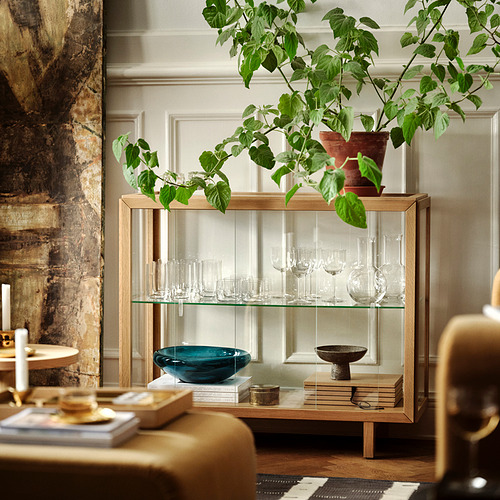 Armario STOCKHOLM 2025: madera de roble, cristal, moderno, 60x40x90cm; exhibe vasos, libros, plantas; Estantes de madera, pies ajustables.