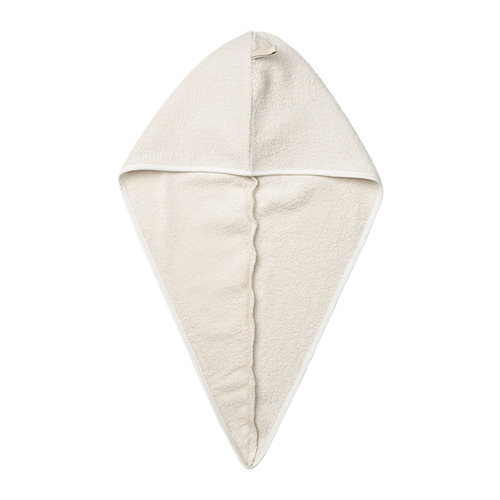Toalla para el cabello STJÄRNBUSKE: blanco, mezcla de algodón suave, forma triangular con lazo elástico.