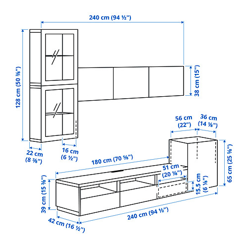 Measurement Illustration - BESTÅ TV storage combination with drawer rail, soft close